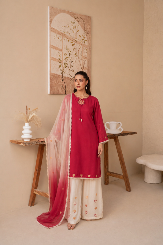 Rosé Heart Embroidered Cotton Co-Ord Set