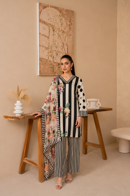 Noir Bloom Striped Set – Rayon Printed 3-Piece Co-ord