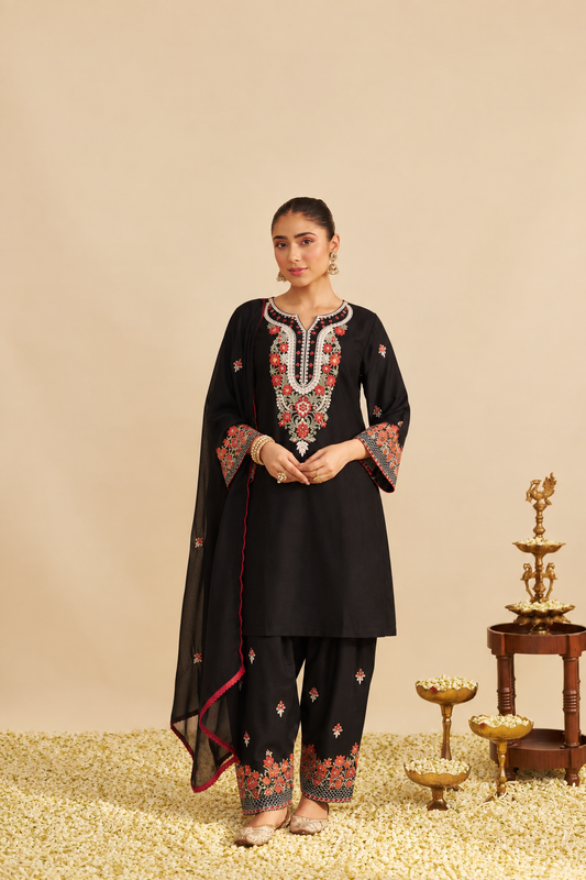 Eira – Cotton Embroidered Black 3-Piece Suit Set
