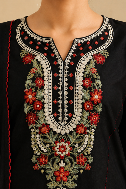 Eira – Cotton Embroidered Black 3-Piece Suit Set